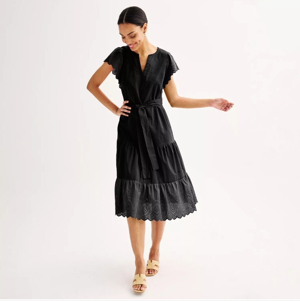 Nine West Black Eyelet Midi Dress - Picture 1 of 7